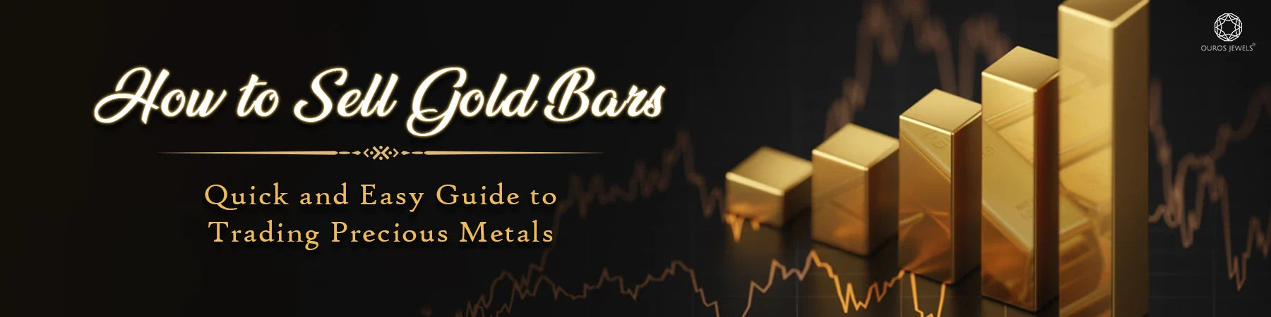 Graph of rising gold bars with text: 'How to Sell Gold Bars - Quick and Easy Guide to Trading Precious Metals' on a dark background with financial charts