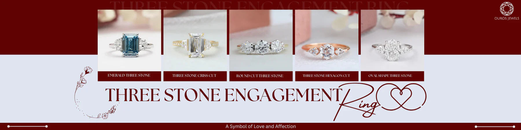 [Text]- Three Stone Engagement Rings, [Style]- Minimalistic collage, [Elements] Different styles of three stone rings