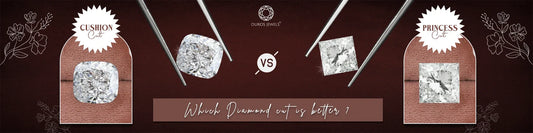 Comparison between Princess Cut and Cushion Cut diamonds with images of diamond earrings and rings, highlighting the question 'Which Diamond Cut is Better
