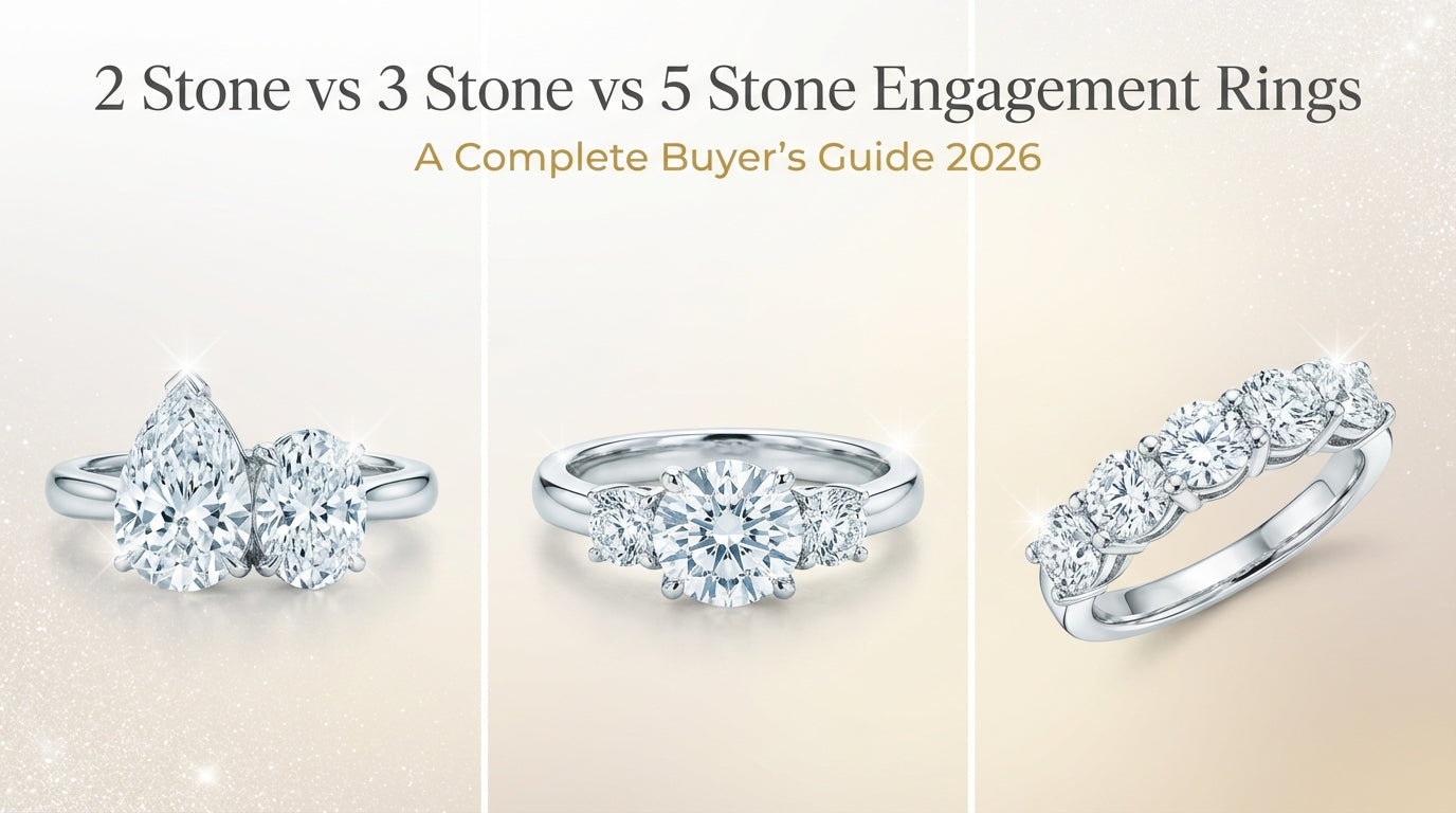 2 stone vs 3 stone vs 5 stone engagement rings comparison guide showing toi et moi, trilogy, and five stone lab grown diamond ring styles - Complete buyer's guide 2026