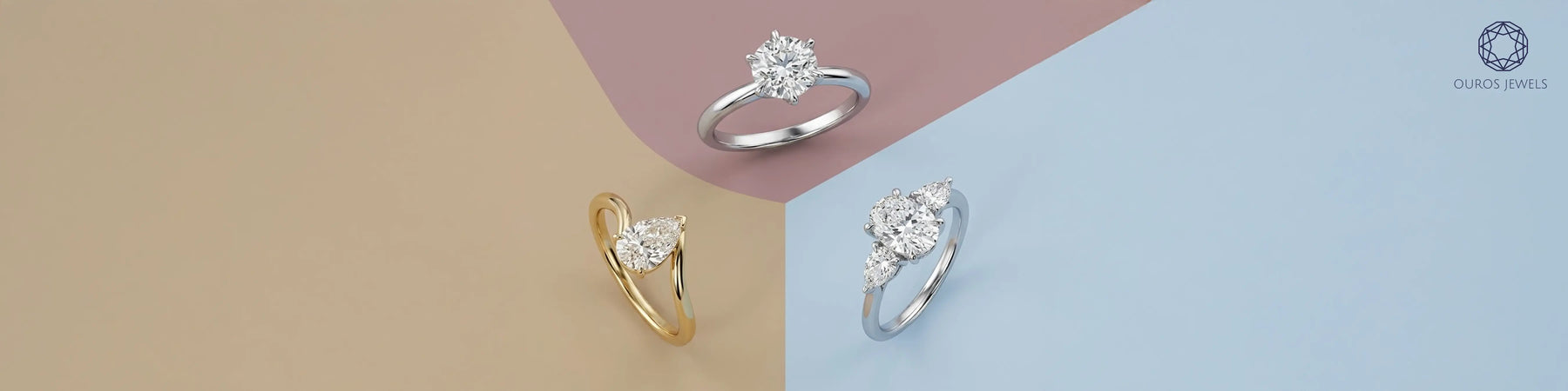 Diamond engagement rings in white gold, yellow gold, and platinum featuring solitaire and three-stone designs