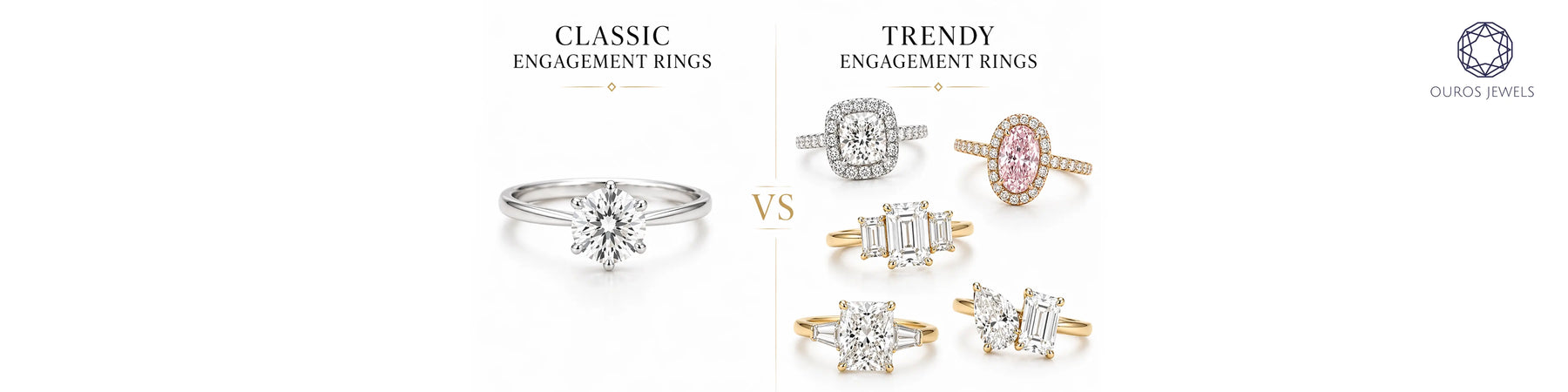 Classic engagement ring vs trendy engagement ring styles including cushion halo, pink oval, emerald three-stone, and toi et moi rings