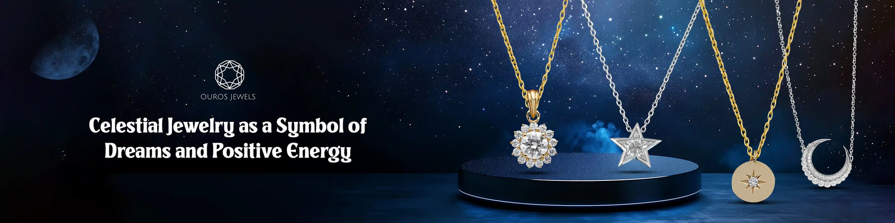 Image of celestial jewelry featuring star, moon, and sun pendants from Ouros Jewels.