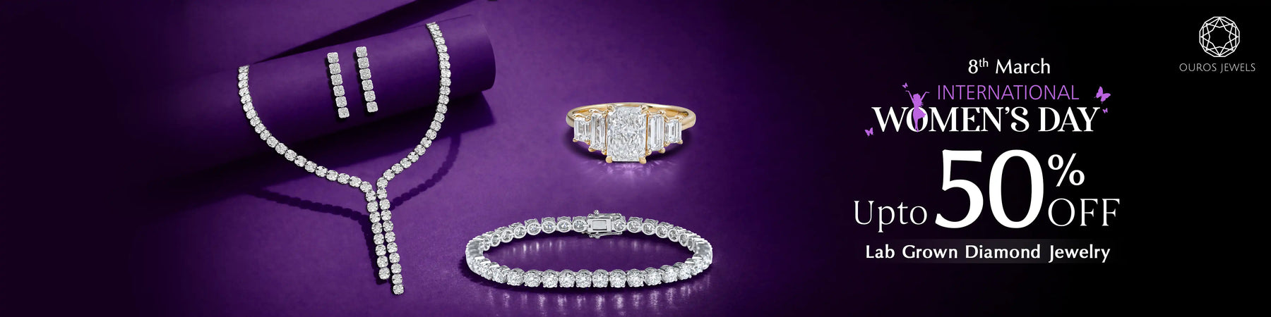 Lab grown diamond jewelry collection featuring necklace, bracelet, ring and earrings with 50% off for International Women's Day sale at Ouros Jewels
