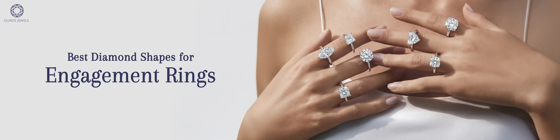 Best diamond shapes for engagement rings showcasing multiple diamond solitaire rings in pear, princess, round, heart, oval, and cushion cuts on a woman's hands