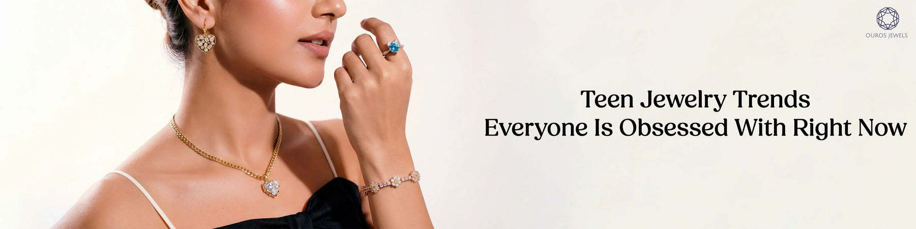 Popular teenage jewelry trends featuring heart shaped diamond necklace, flush set earrings, blue topaz ring, and diamond tennis bracelet in yellow gold