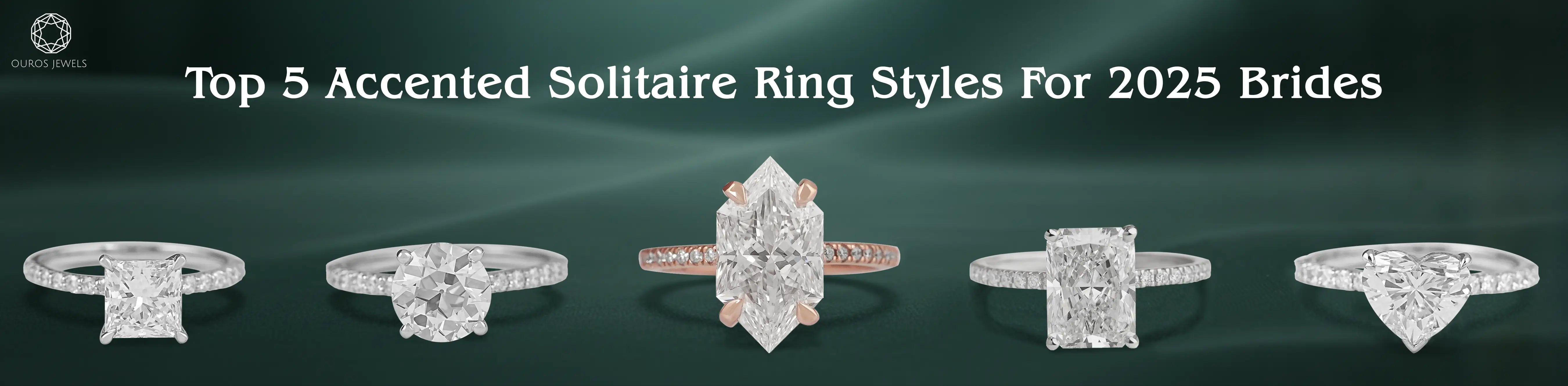 5 accented solitaire ring styles featuring princess, round, dutch marquise, radiant and heart shaped diamonds.