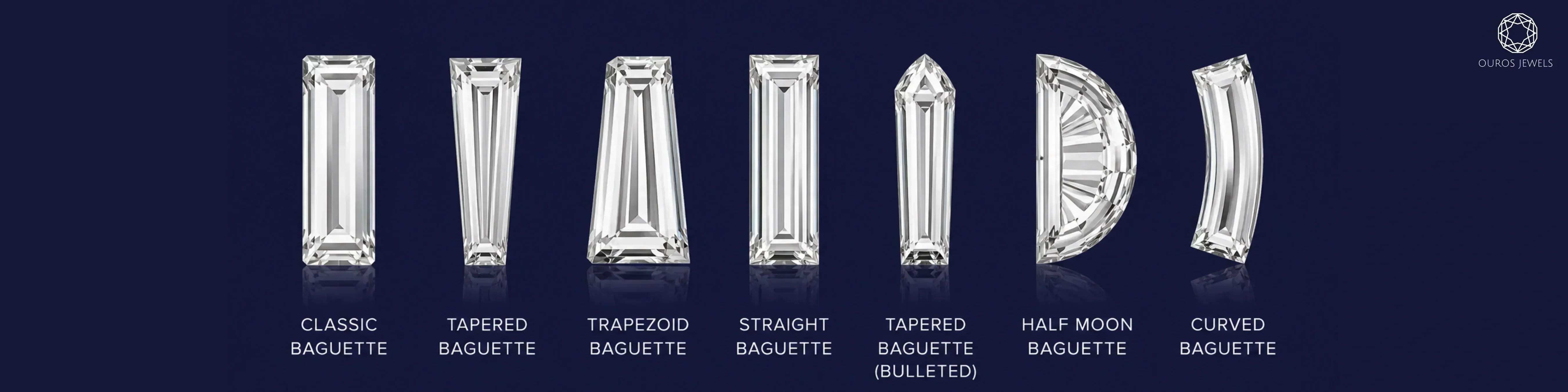 Types of baguette diamonds featuring tapered, straight, curved, buttel, moon and more baguette diamond shapes