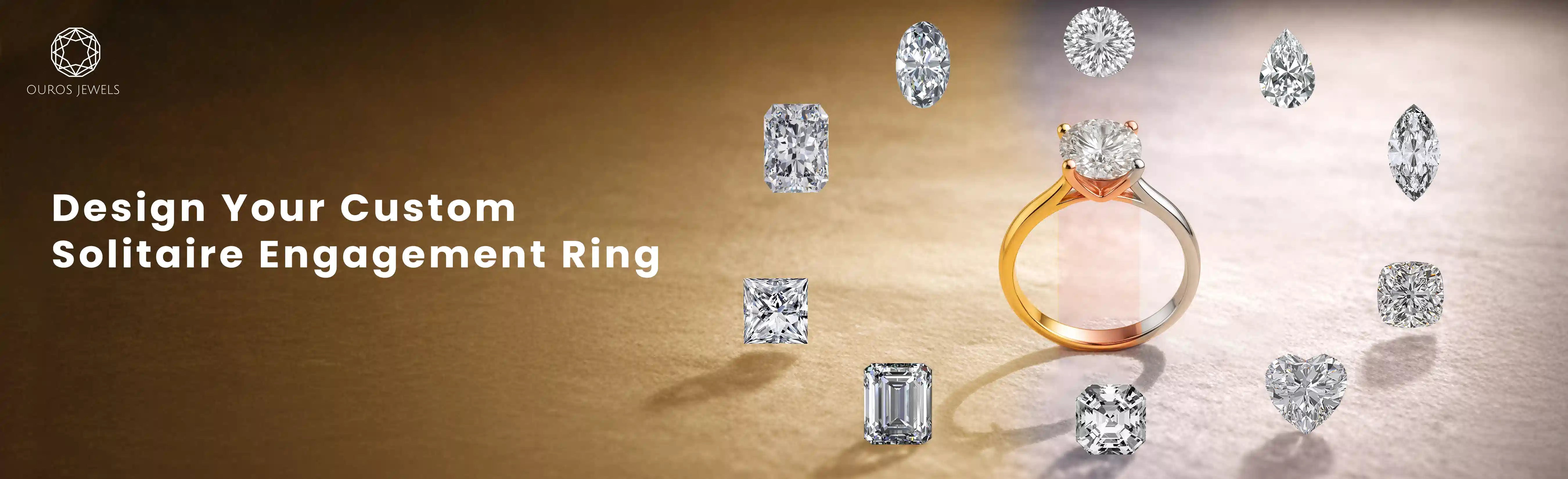 Design your own engagement ring online with Ouros Jewels, showcasing different lab grown diamond shapes in a custom solitaire ring design