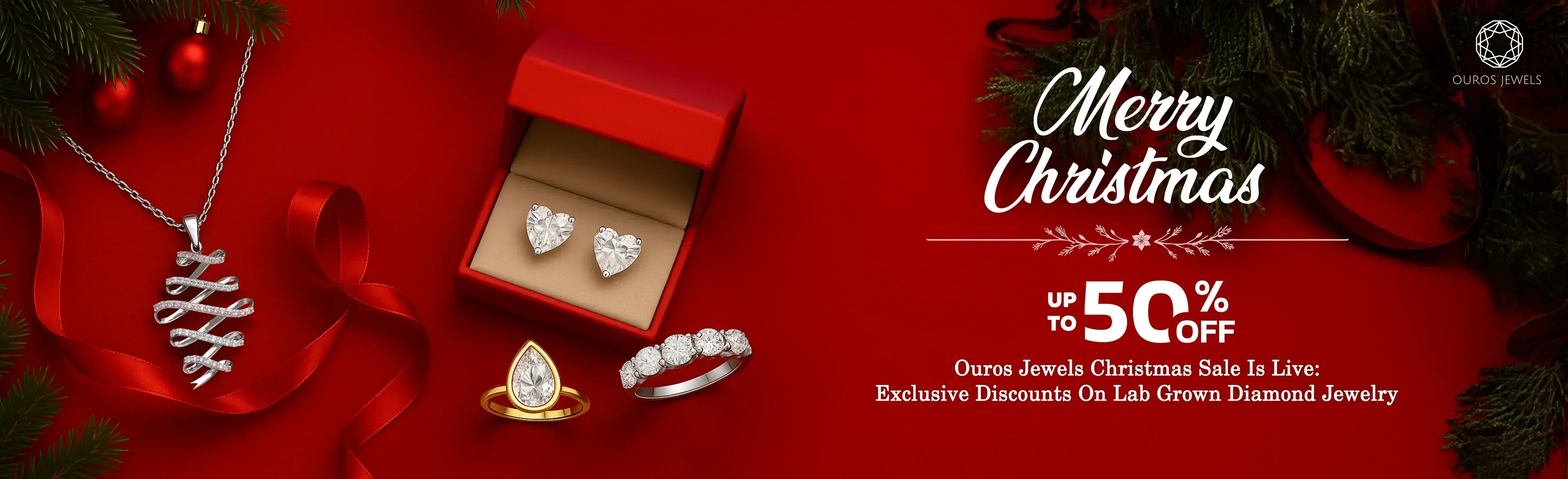 Ouros Jewels Christmas sale image showing lab grown diamond pendant necklace, earrings and rings with upto 50% discount.