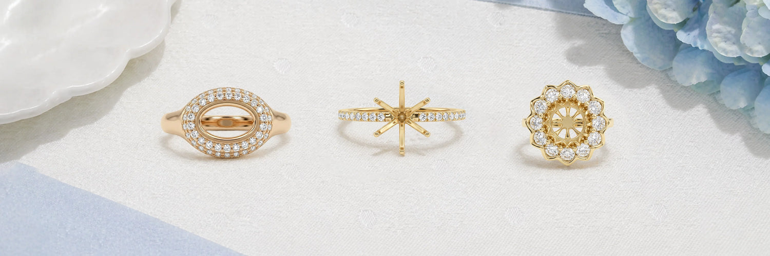 Three lab-grown diamond semi-mount rings in yellow gold — oval halo double pavé setting, star prong solitaire mounting with pavé band, and round floral halo semi-mount ring