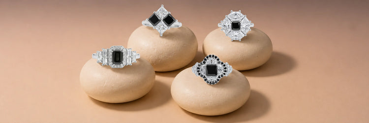 Black diamond jewelry collection featuring rings, earrings, and necklaces with black lab grown diamonds