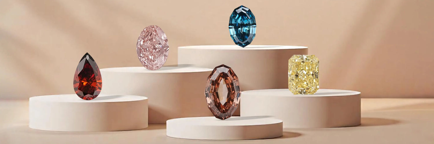 A high-quality image showcasing a collection of lab-grown diamonds in various exquisite cuts, including pear, emerald, oval, and marquise