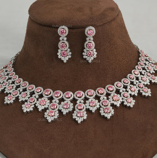 Pink Round Cut Lab Diamond Bridal Necklace Set Necklaces