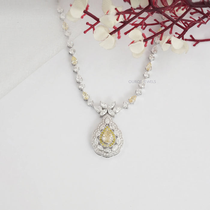Yellow Pear And White Diamond Teardrop Necklace