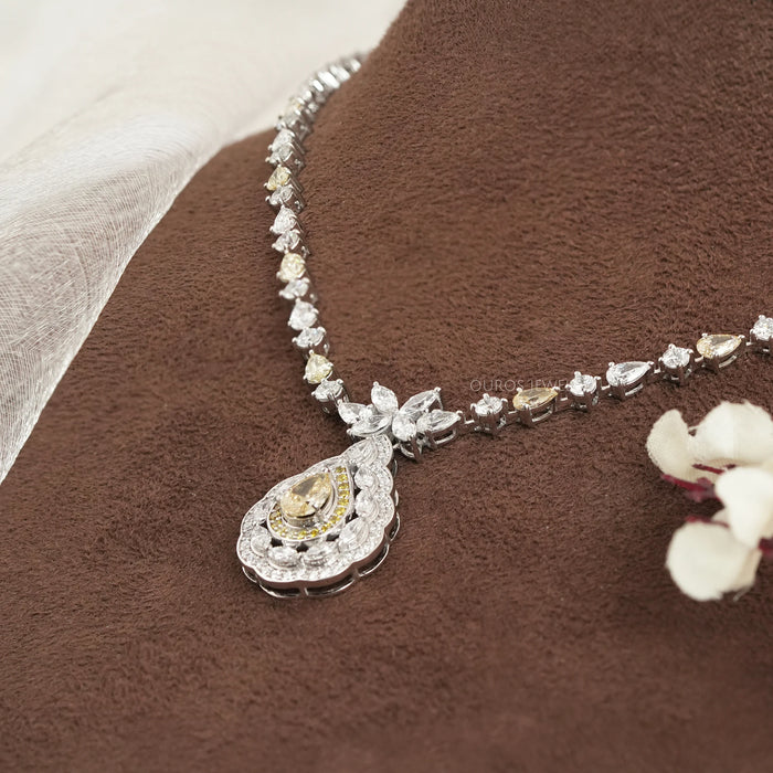 Yellow Pear And White Diamond Teardrop Necklace