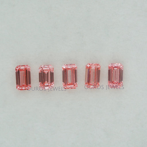 front view of pink elongated emerald cut lab grown diamonds loose