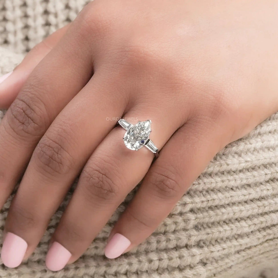 Three Stone Pear Diamond Engagement Ring - With Tapered Baguettes Rings