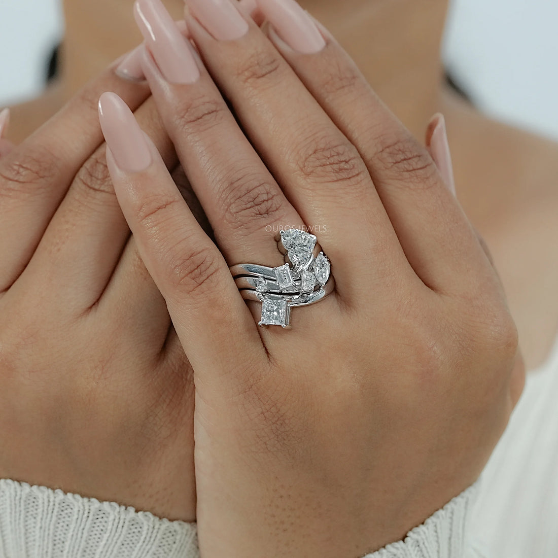 Three Row Multi Shape Lab Diamond Wave Band Ring