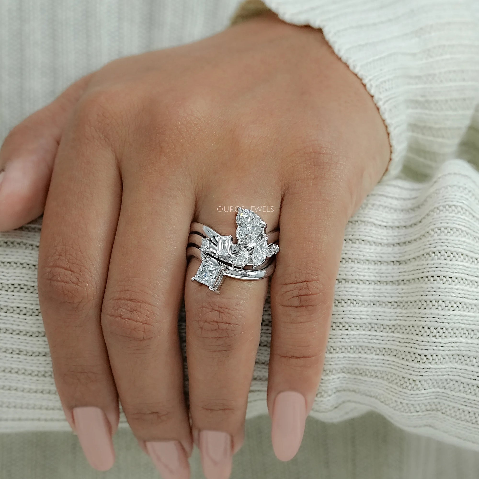Three Row Multi Shape Lab Diamond Wave Band Ring