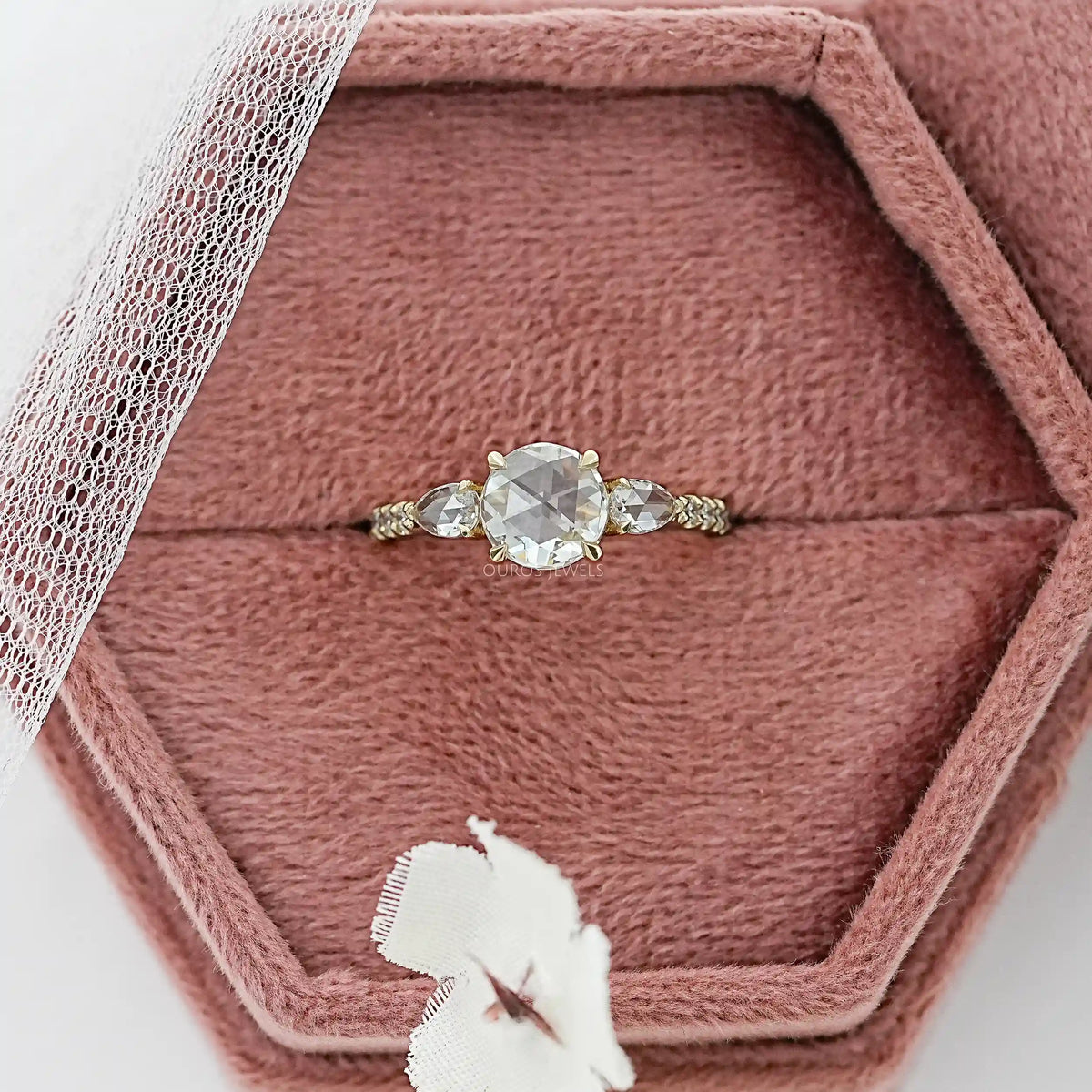 Three Stone Rose Cut Lab Diamond Accent Ring Ring