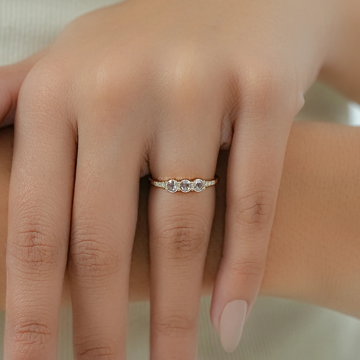 3 Stone Rose Cut Round Diamond Accent Ring Ring