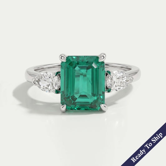 Three Stone Green Emerald Engagement Ring
