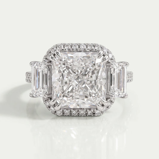 Square Radiant Cut Three Stone Halo With Accent Ring Rings