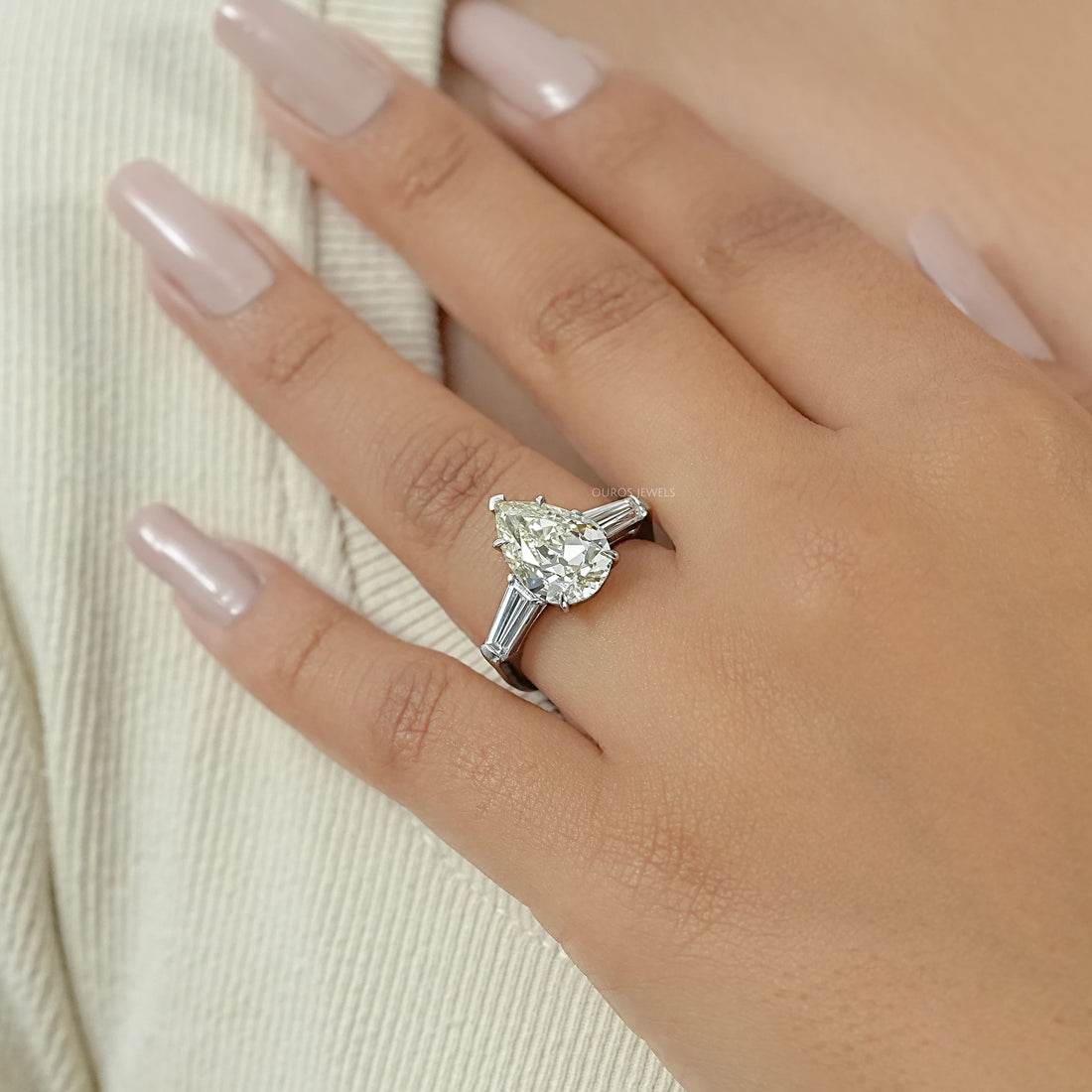 3 Stone Old Mine Pear Diamond Engagement Ring Rings
