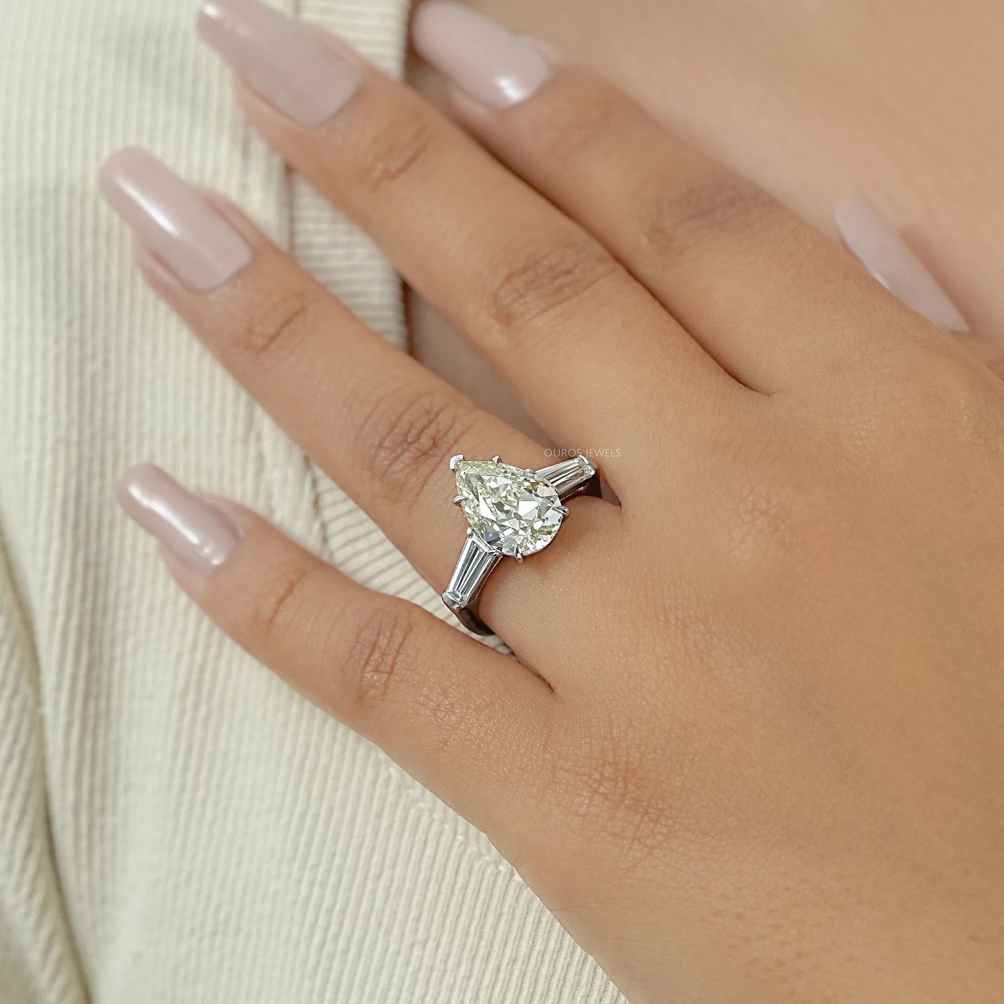 3 Stone Old Mine Pear Diamond Engagement Ring Rings
