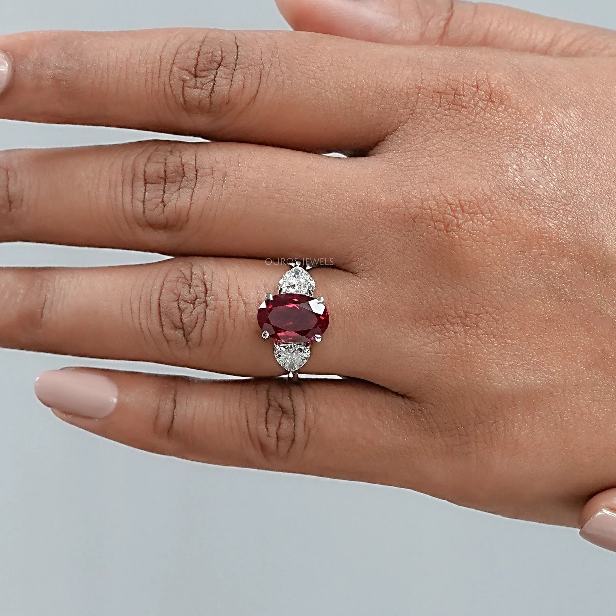 3 Stone Oval Ruby Lab Gemstone Ring Ring
