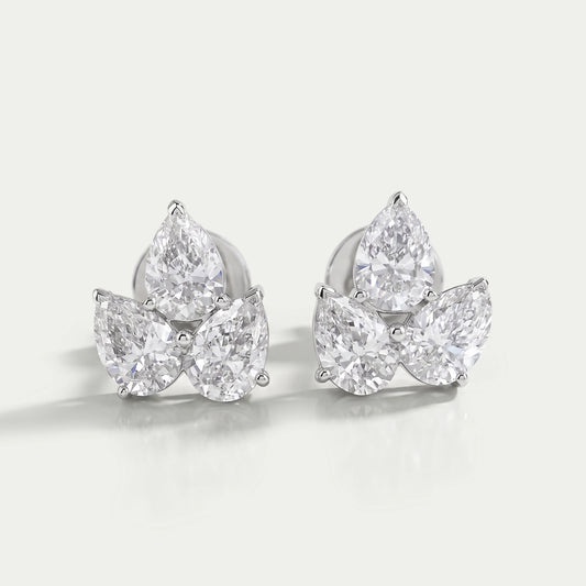 Three Stone Pear Cut Lab Diamond Stud Earrings Earrings