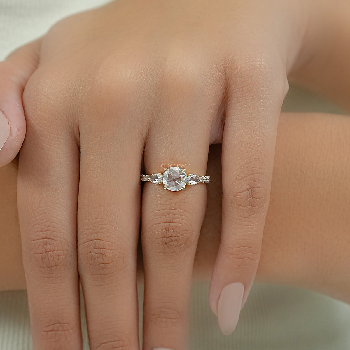 Three Stone Rose Cut Lab Diamond Accent Ring Ring