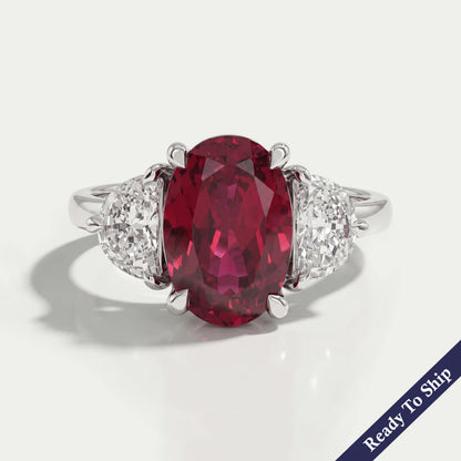 Ruby Oval Gemstone Three Stone Engagement Ring Rings