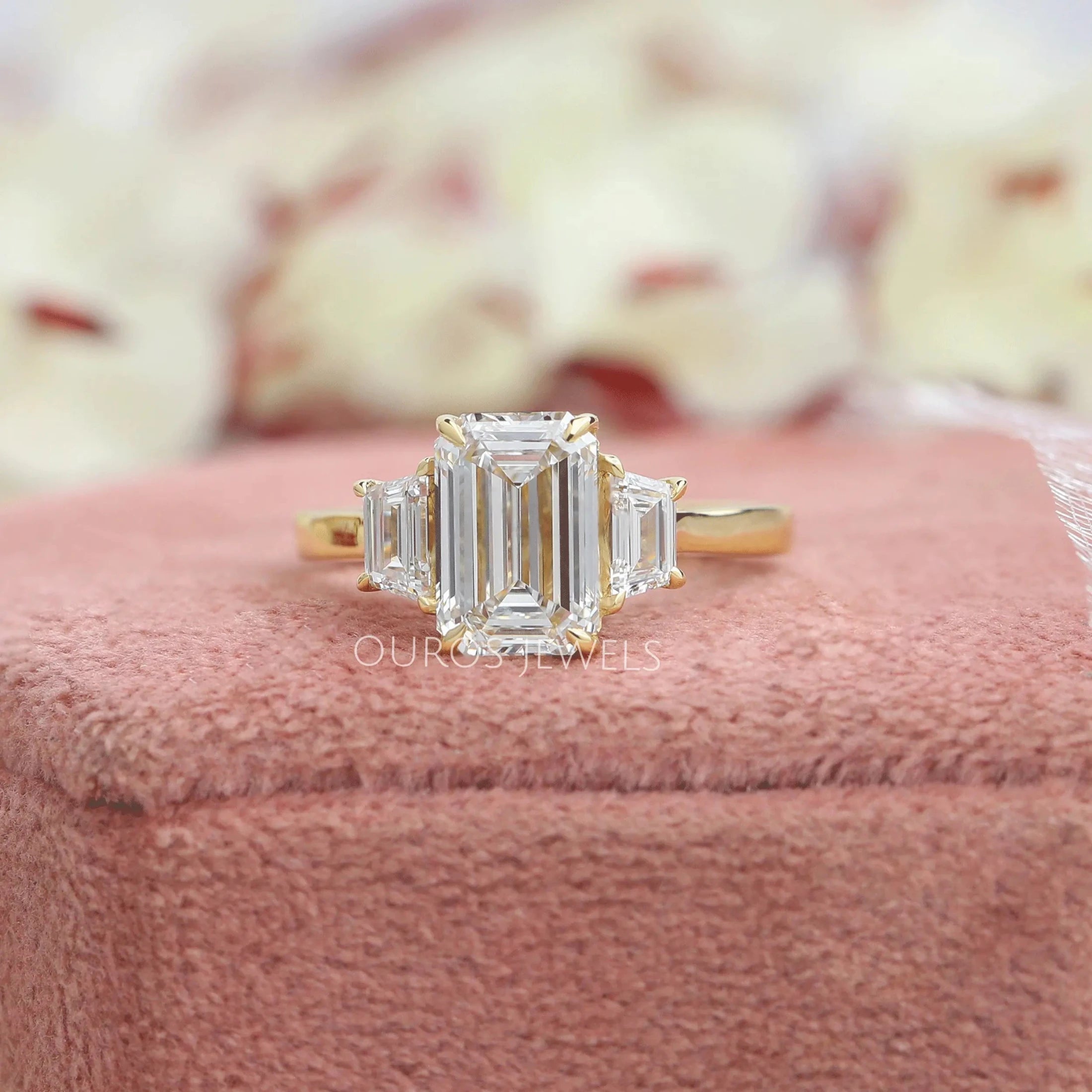 3 Stone Emerald Cut Lab Diamond Engagement Rings