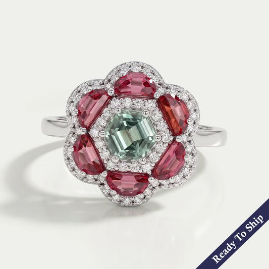 Alexandrite Hexagon Gemstone Double Halo Engagement Ring Rings