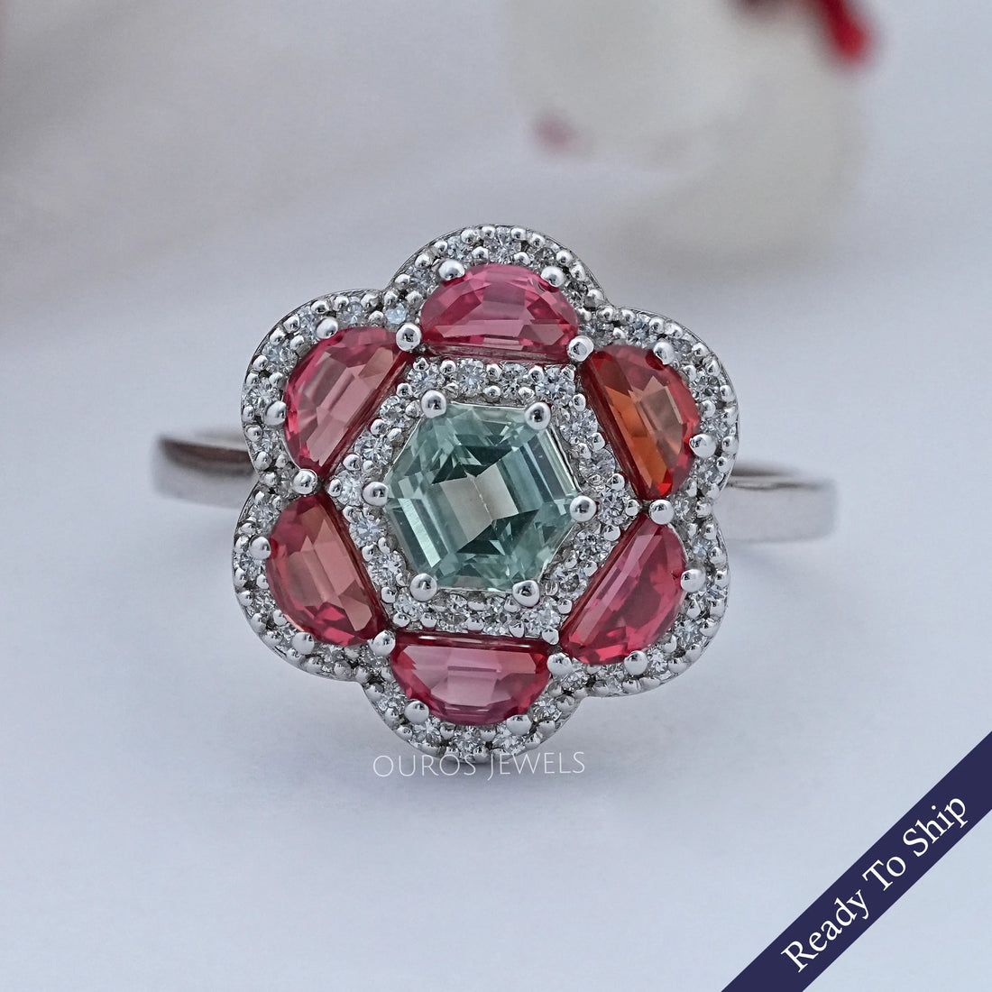 Alexandrite Hexagon Gemstone Double Halo Engagement Ring Rings