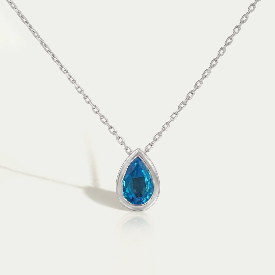 Aqua Blue Pear Gemstone Bezel Set Solitaire Pendant Necklaces