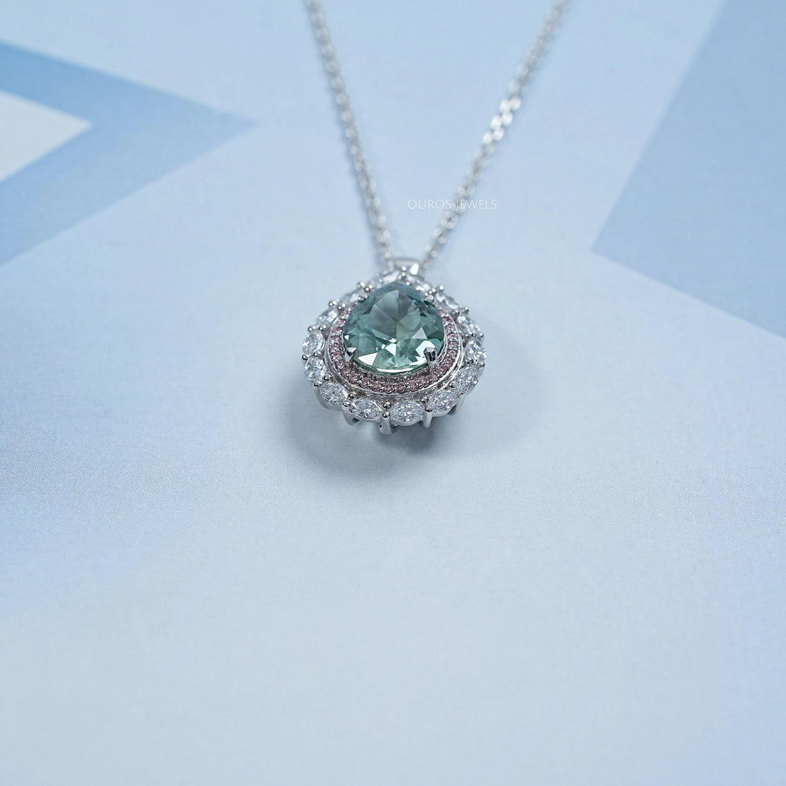 Aquamarine Pear Gemstone Double Halo Pendant