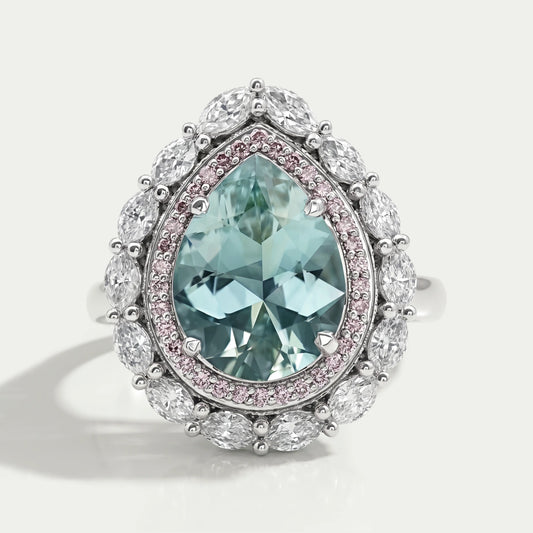 Aquamarine Pear Gemstone Double Halo Engagement Ring