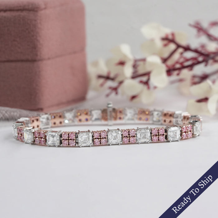 Asscher Diamond And Pink Round Tennis Bracelet