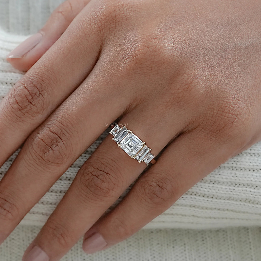 Asscher And Baguette Diamond Five Stone Engagement Ring Rings