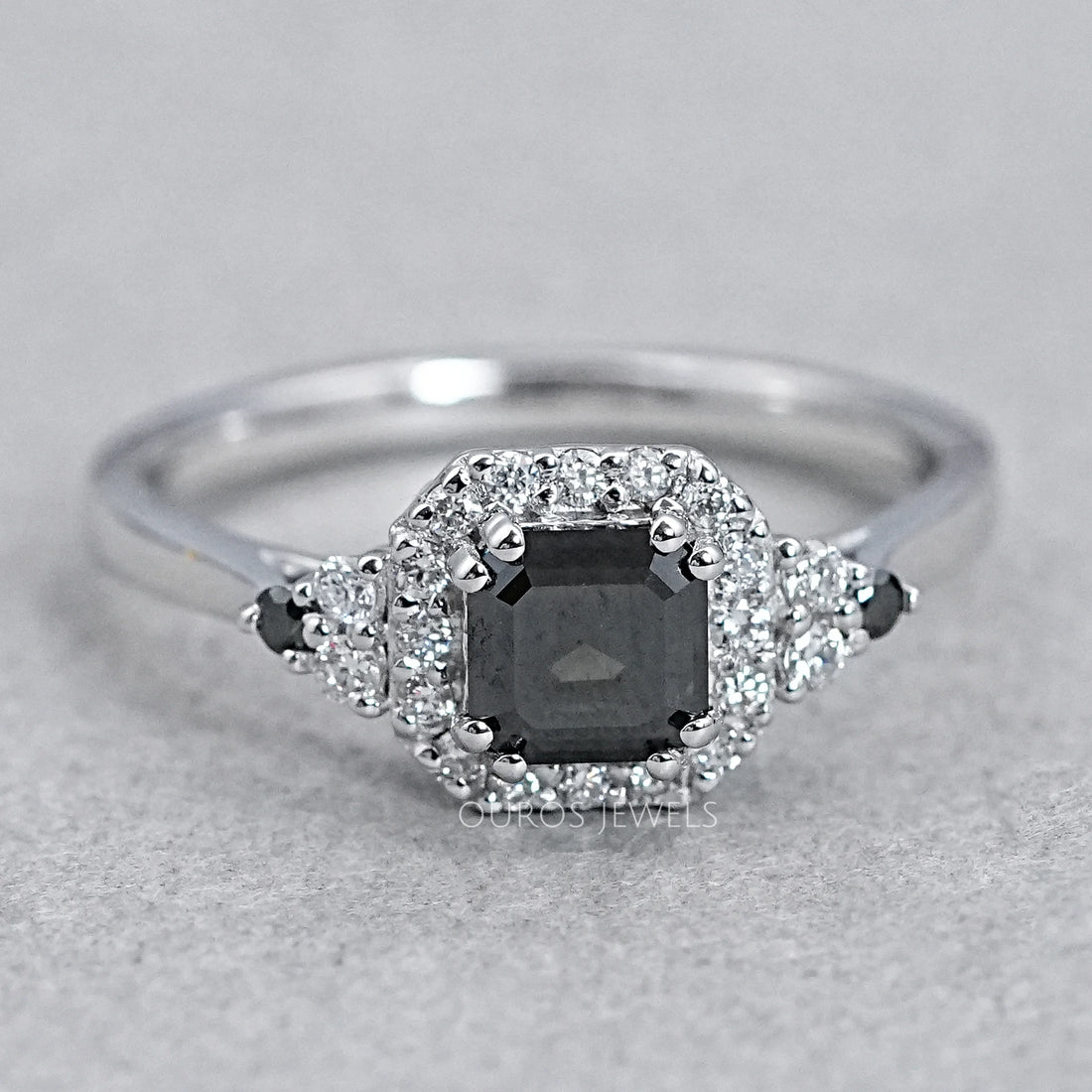Asscher Cut Black Diamond Halo Ring Ring