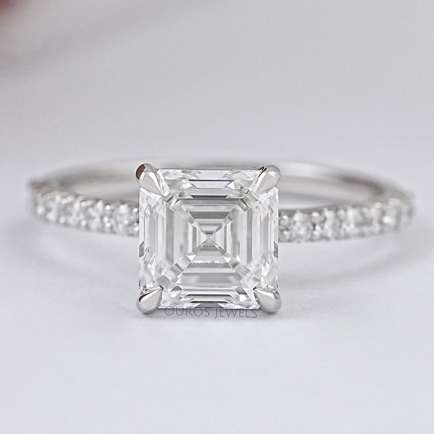 Asscher Cut Solitaire Accent Diamond Engagement Ring