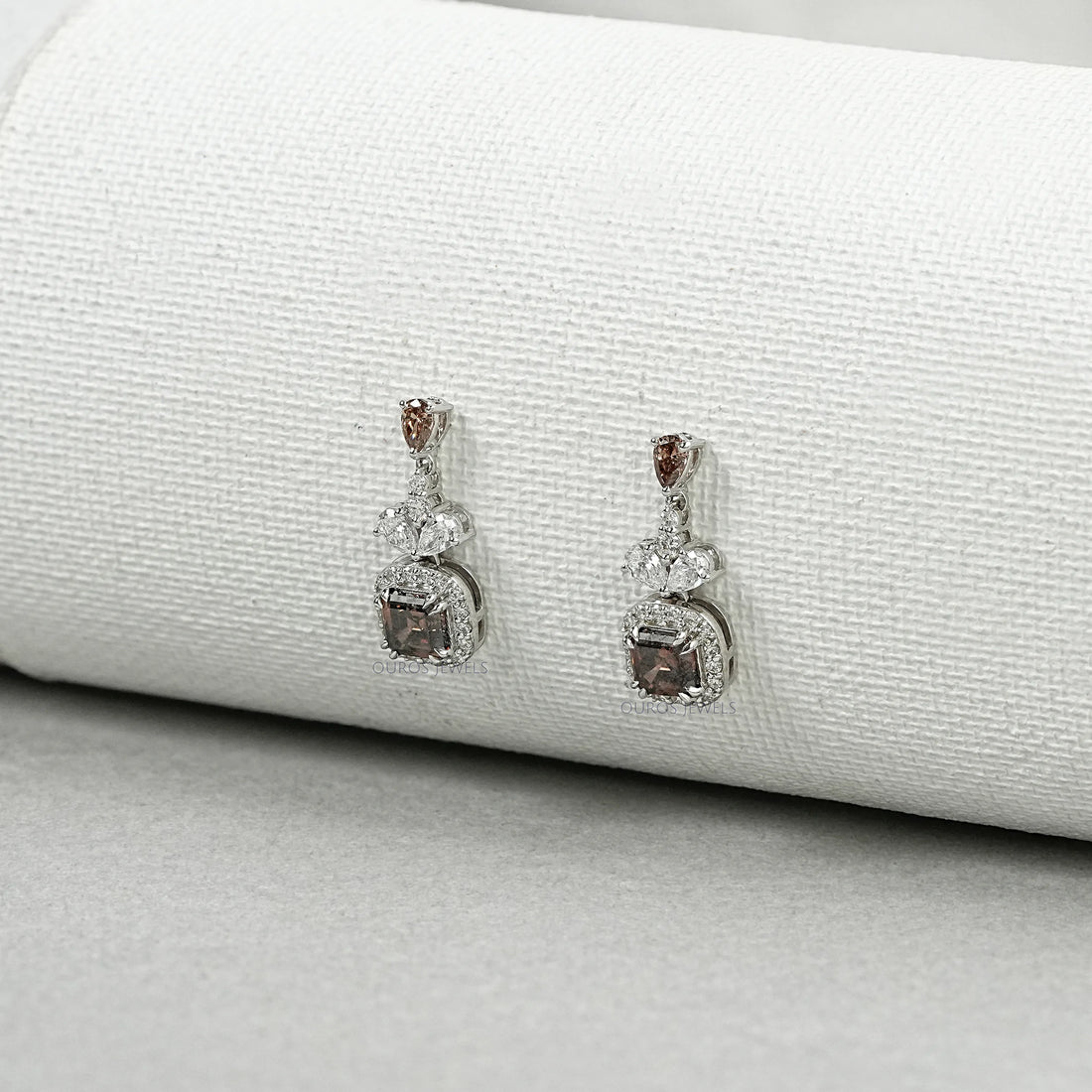 Champagne Asscher Cut Halo Dangle Earrings Earrings