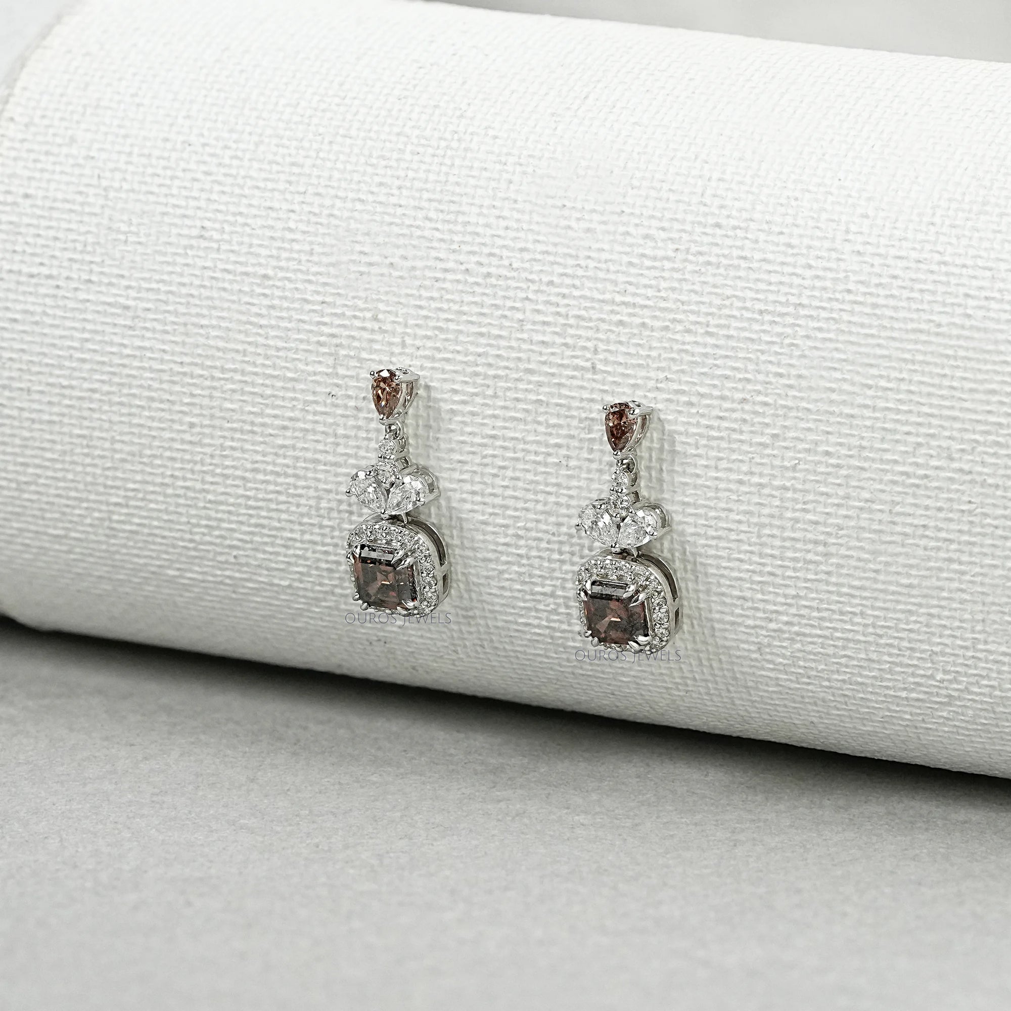 Champagne Asscher Cut Halo Dangle Earrings Earrings
