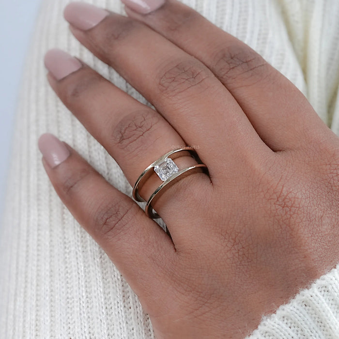 Asscher Lab Diamond Double Band Solitaire Ring
