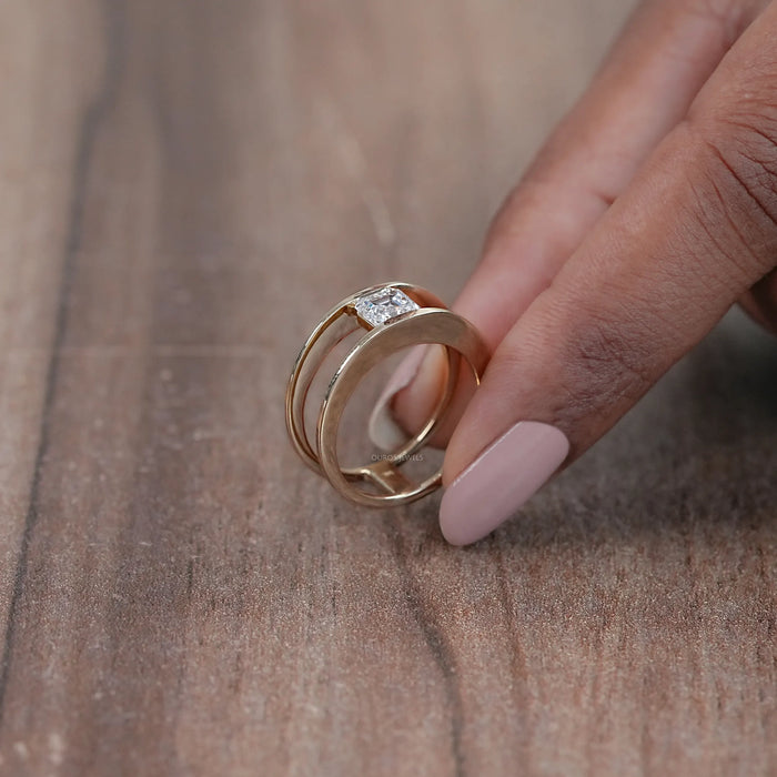 Asscher Lab Diamond Double Band Solitaire Ring