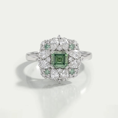 Asscher Cut Green Lab Diamond Cluster Engagement Ring Ring