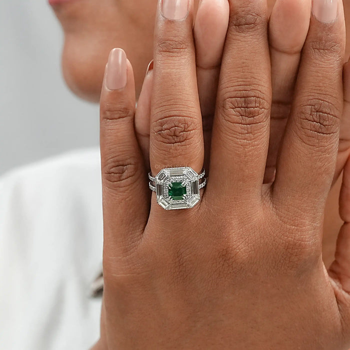 Green Asscher Gemstone Halo Ring
